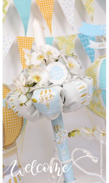 Lumanare de botez cu flori si baloane de aer cald, 65x4 cm, Mint & Gold Balloons  5